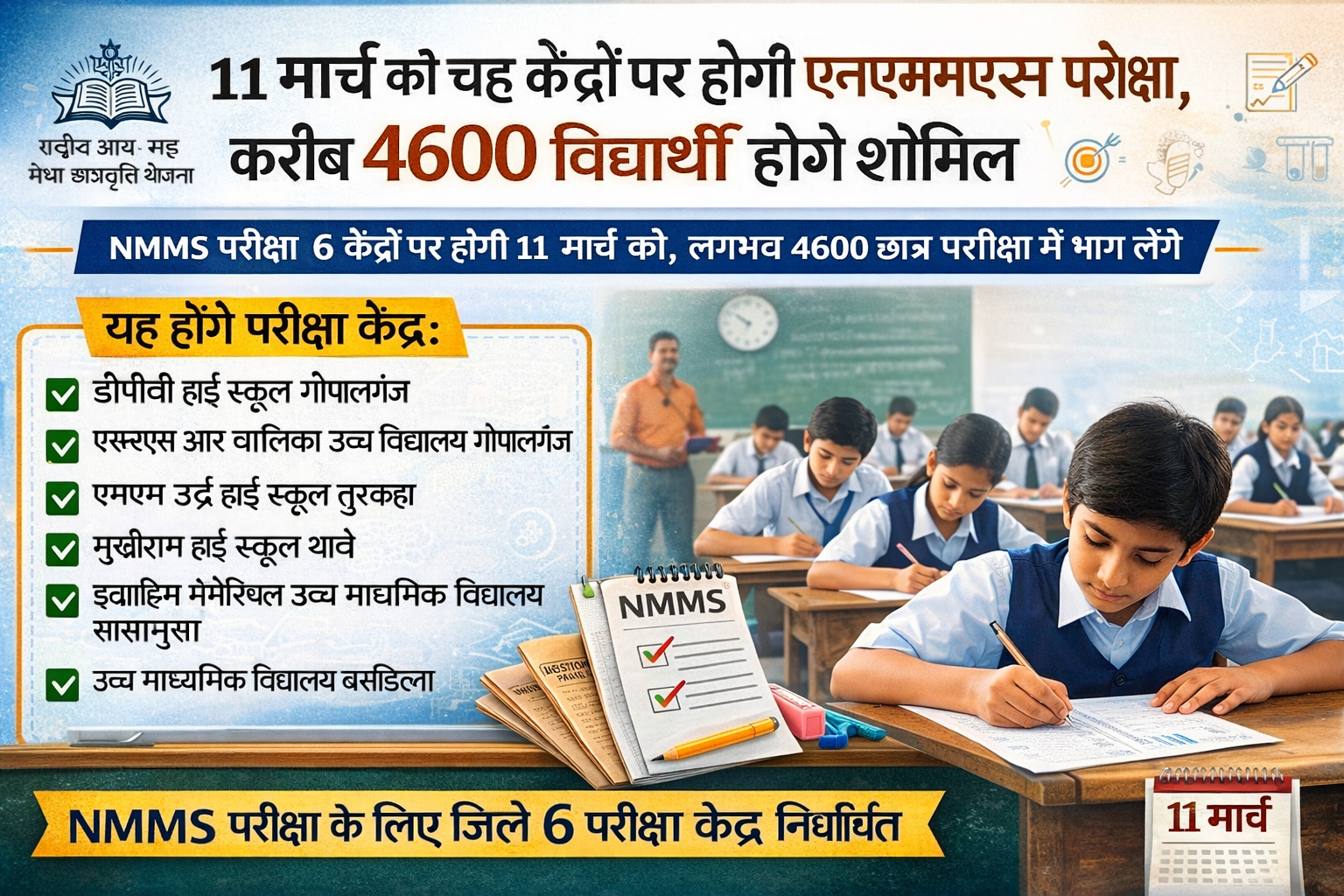 11 मार्च को छह केंद्रों पर होगी एनएमएमएस परीक्षा, करीब 4600 विद्यार्थी होंगे शामिल